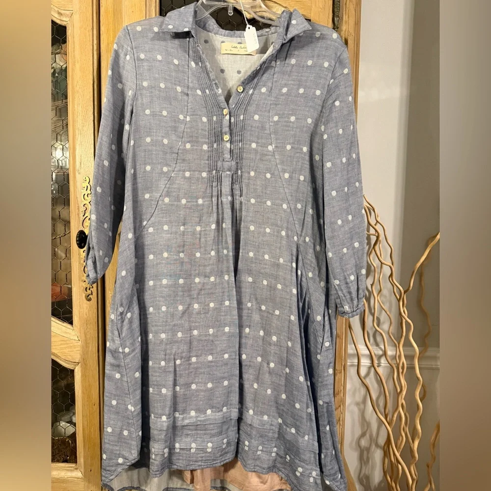 Anthro Isabell Sinclair Cotton Blue Dress with White Dots - Picture 1 of 5